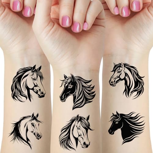 16 Sheets Black & White Horse Head Temporary Tattoos, Realistic Tribal Style Flowing Mane Side Profile Horse, Black Silhouette Line Art, for Festival Biker Equestrian