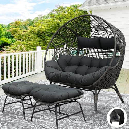 NICESOUL Indoor Outdoor Double Egg Chair with Footrest Padded Cushion, Oversized Wicker Twin Egg Shaped Chair Wide Seater with Ottoman, 2 People Loveseat Gray for Patio Porch Balcony