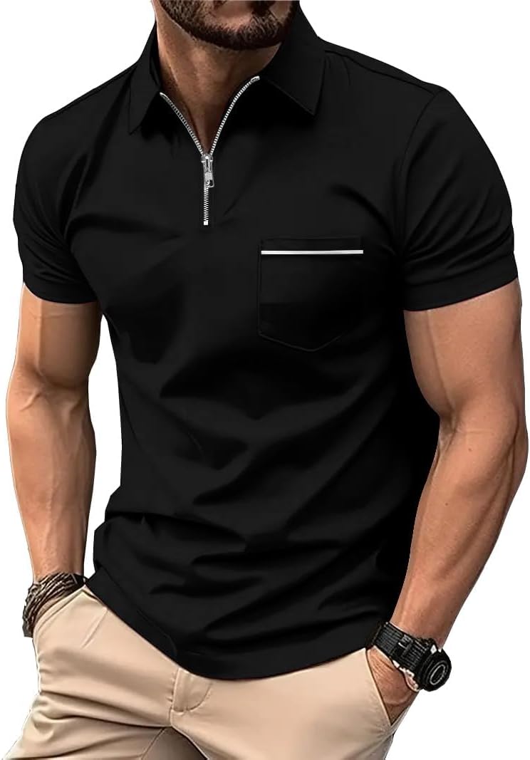 ZITY Mens Polo Shirts Quarter Zip Shirts Casual Classic Lightweight Short Sleeve Golf Collared Shirt with Pocket