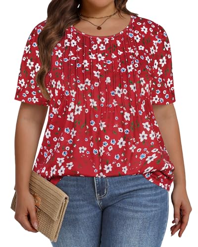 Image of Plus Size Tops for Women Pleated Summer Top Trendy Short Sleeve Shirts Casual Basic Tee Crew Neck Blouses 2026