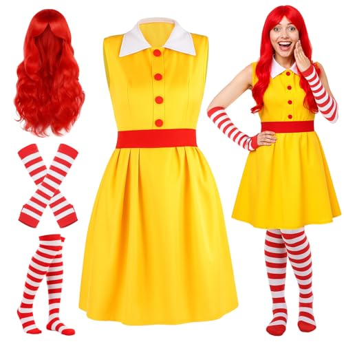 TaoBary 4 Pcs Halloween Fast Food Clown Waitress Costume Set for Women Long Arm Gloves Knee High Socks Red Wig for Cosplay(XL)