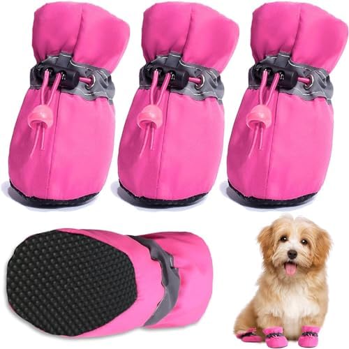 Dog Shoes for Small Dogs, Dog Shoes Paw Protector with Reflective Straps, Non Slip Dog Booties Puppies 4PC,Paw Protector for Winter Snowy Day,Summer Hot Pavement Dog Booties Pink 7