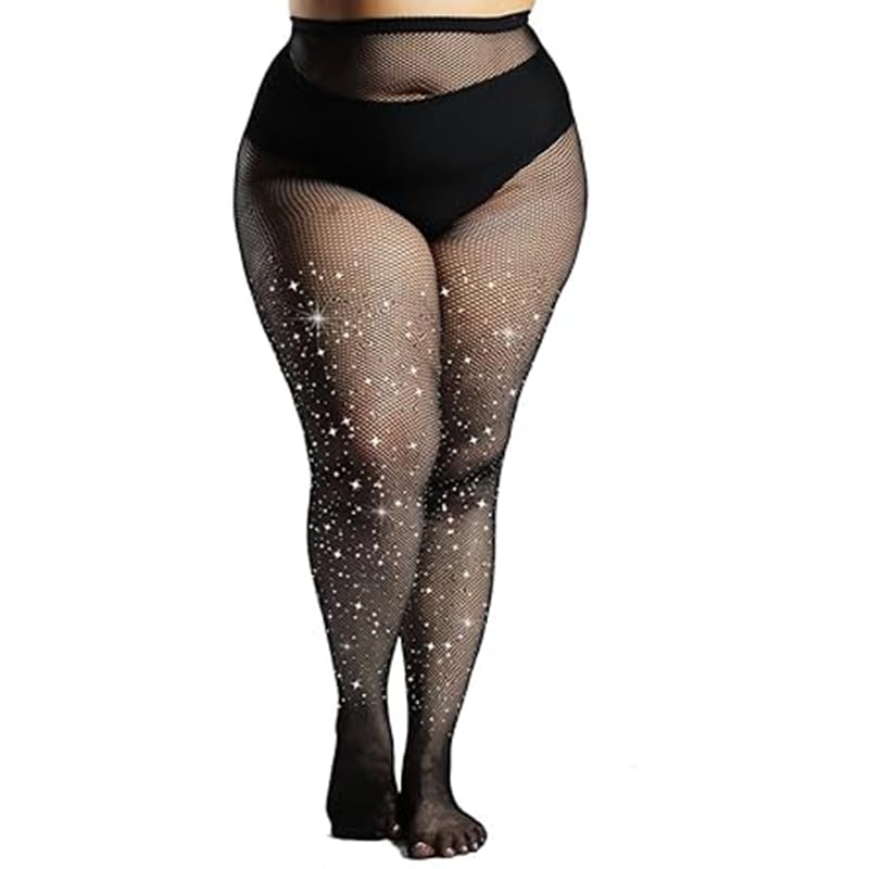 Plus Size Rhinestone Fishnet Thigh High Stockings – Sexy Sheer, Non-Slip Design – Perfect for Halloween & Night OutIdeal Halloween Gothic Accessory Gift(Black