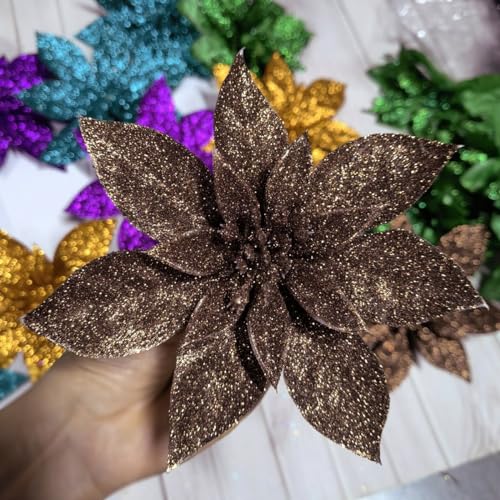 YYCRAFT Glitter Poinsettia Flowers 6 Inch for Christmas Tree Ornaments Christmas Decorations(12pcs,Brown)