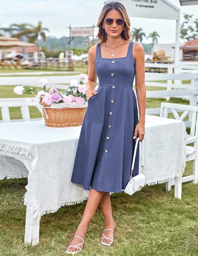 Image of GRACE KARIN Women's Summer Dress 2025 Casual Square Neck Flattering A-Line Button Down Midi Tank Sundress with Pockets