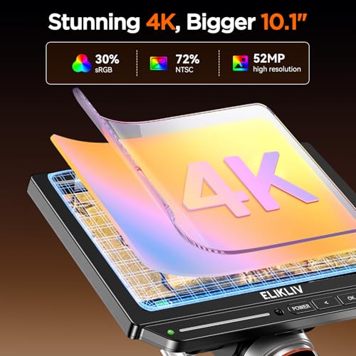 Image of Elikliv Autofocus 4K HDMI Digital Microscope, EM4K-AF Flex Arm Soldering Microscope for Adults, 10.1 inch Coin Microscope with Ring Light, 52MP LCD Microscopes with Screen, Electronics Repair Mat, 16G