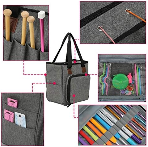 Aoweika Knitting Bag, Crochet Storage Bag for Yarn and Needles, Portable Yarn Tote Organizer with Zipper and Pockets, Protect Unfinished Project and Prevent Yarn Tangling(Accessories Not Included)