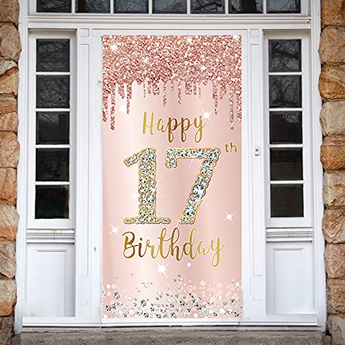 Image of Happy 17th Birthday Door Banner Decorations for Girls, Pink Rose Gold 17 Birthday Door Cover Backdrop Party Supplies, Large Seventeen Year Old Birthday Poster Sign Decor