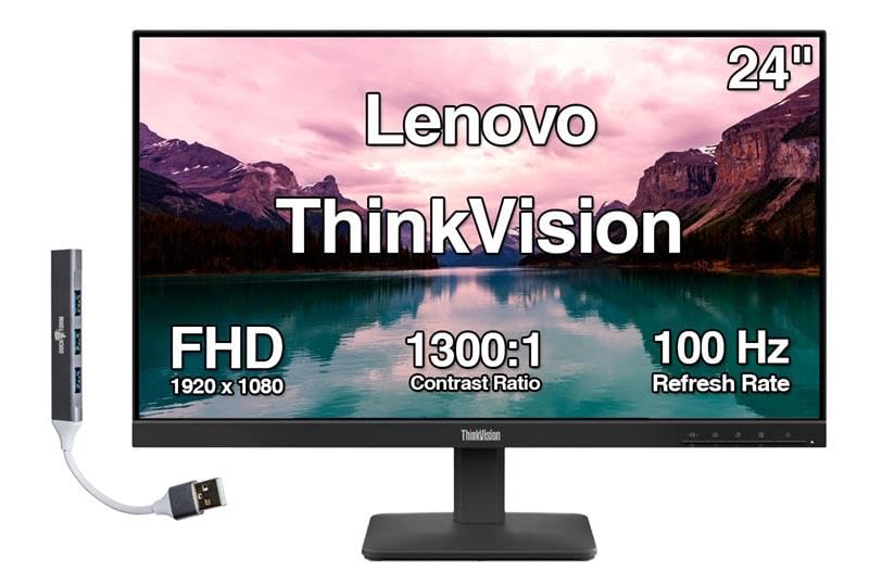 Image of Lenovo ThinkVision 24 inch FHD IPS Monitor with 4ms Response Time, 100 Hz Refresh Rate, Anti-Glare, Flicker Free, VESA Mount (100mm), HDMI & Dockztorm USB Port Expander, Black