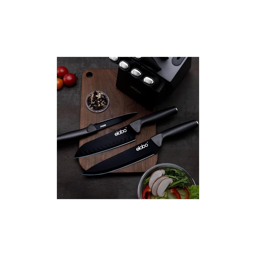 elabo-Kitchen-Knife-Set-High-Carbon-Stainless-Steel-Knife-Set-for-Kitchen-with-Block-and-Built-in-Sharpener-Premium-Kitchen-Knife-Block-Set-Includes-4-Serrated-Steak-Knives-and-Scissor-Dishwasher elabo Kitchen Knife Set, High Carbon Stainless Steel Knife Set for Kitchen with Block and Built-in Sharpener, Premium Kitchen Knife Block Set, Includes 4 Serrated Steak Knives and Scissor, Dishwasher
