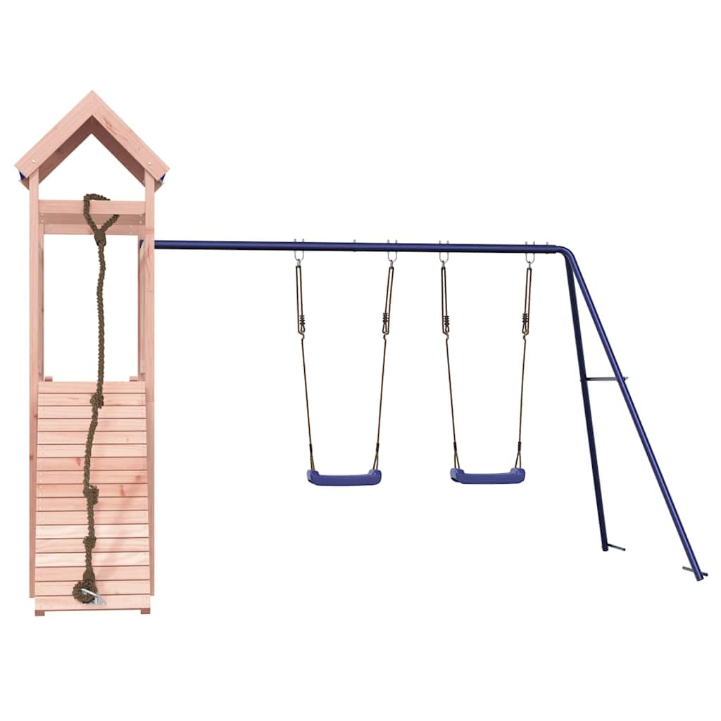 Wieża do zabawy z litego drewna daglezji, podest 90 cm, podwójna huśtawka, ścianka wspinaczkowa z liną, drabina, piaskownica do ogrodu, na taras i podwórko, dla dzieci w wieku od 3 do 8 lat