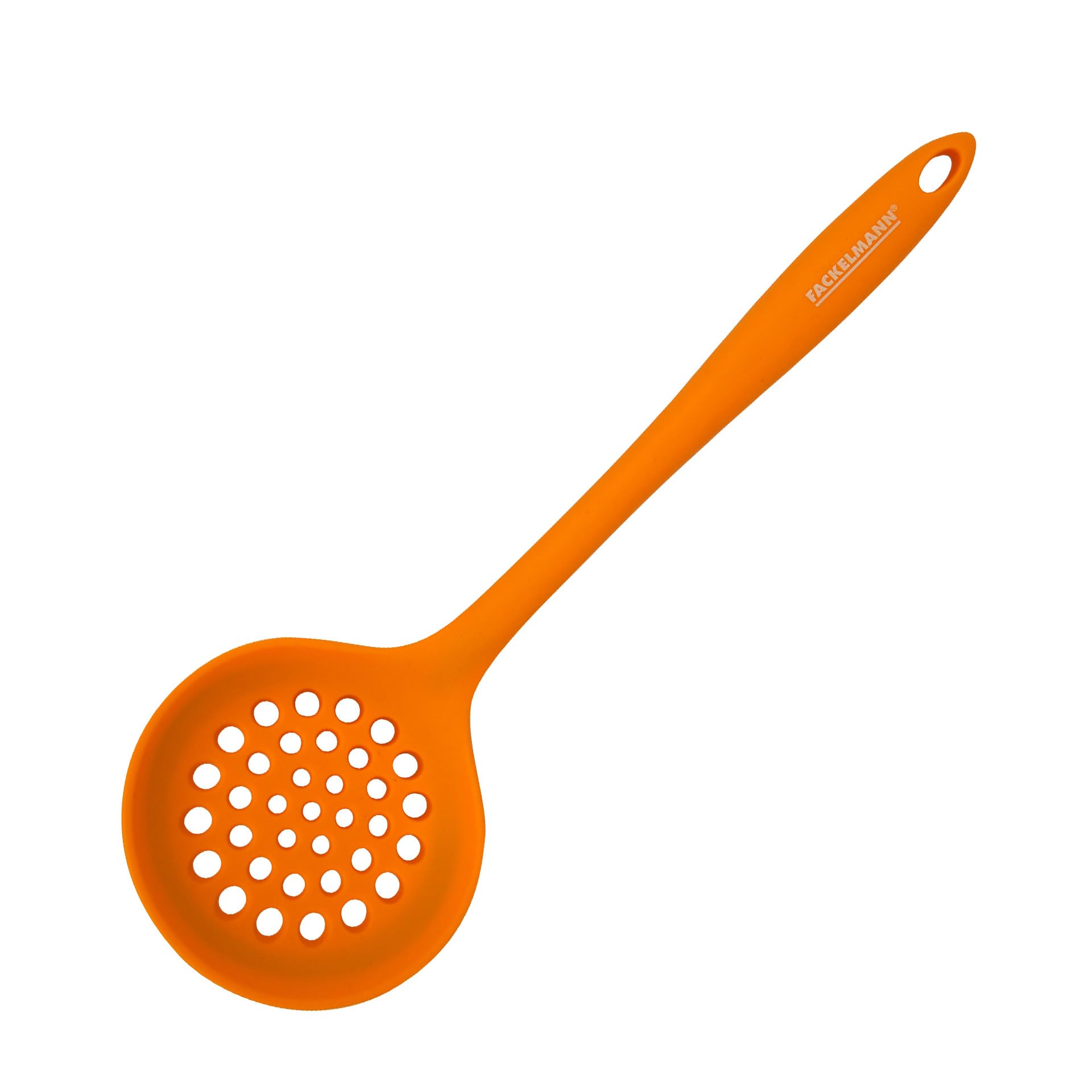 Fackelmann Espumadera de Cocina, Óptima para Freír, Silicona de Tacto Suave, Apta para Sartenes y Ollas con Revestimiento, Resistente hasta 230ºC, Apta para Lavavajillas, Color Naranja, 29x7 cm, 1 ud.