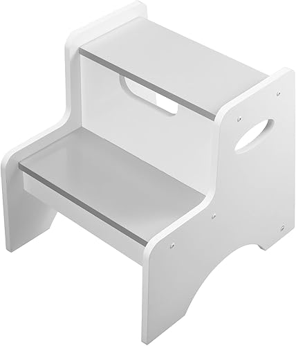 Taburete de dos escalones para niños, taburete de baño y cocina, esquinas lisas con asas, textura dura y ecológica, taburete de madera duradero para