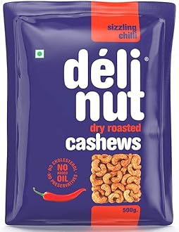 Delinut Sizzling Chilli Dry Roasted Cashews/Kaju 500g | Spicy & Crunchy WW240 Whole Cashew Nuts | Fiery Chilli Flavour | FOST Flavour Lock Technology | Nitrogen Flushed | No Added Oil, Colors or Preservatives
