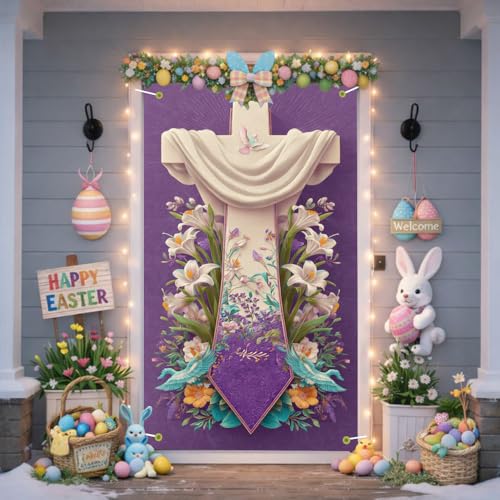Image of Religious Easter Door Cover Cross and Lilies Banner Jesus Easter Door Decorations for Front Door He Is Risen Outside Home Decor 35.4x71 Inch