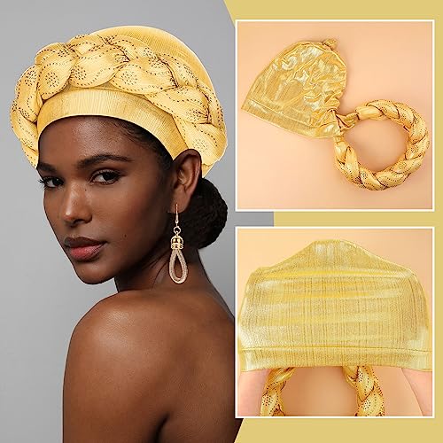 Newcotte 5 Pcs African Gold Jewelry Set for Women African Gold Turban Choker Earrings Bracelet Vintage Head Wrap Necklace Tribal Style Braid Beanie Cap Headwear for Halloween Party by Newcotte - Image 5