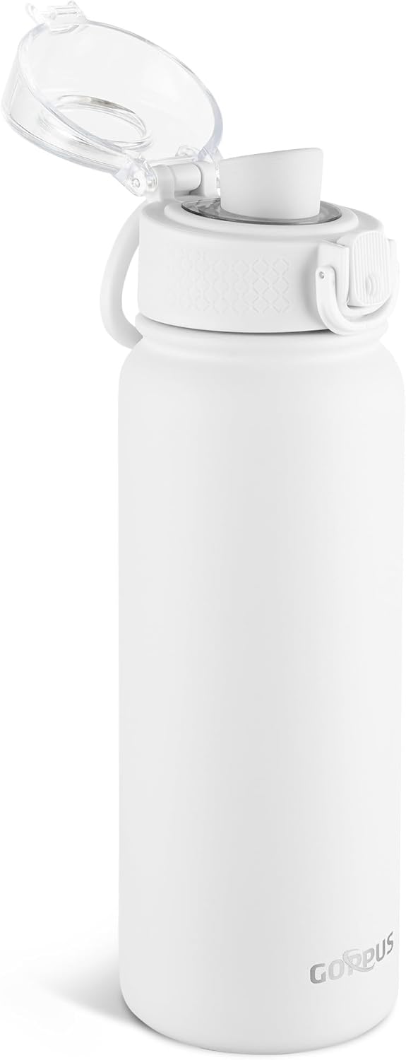GOPPUS Insulated Water Bottle 20oz Stainless Steel BPA-Free Sports Bottle Ideal for School and Travel Silicone Spout Lid Prevents Leaks, Sweat, and Dust (White)
