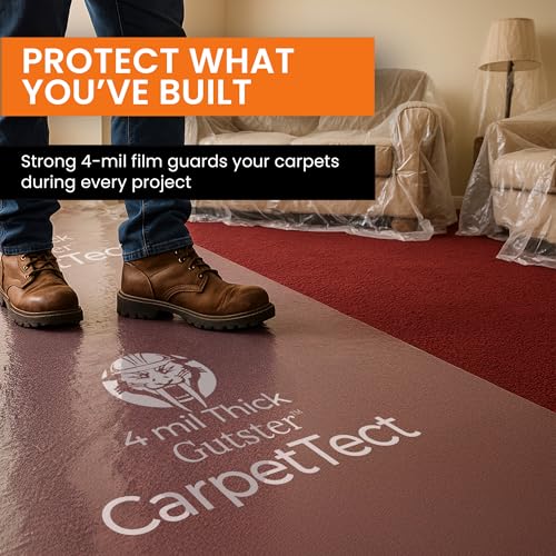 Gutster CarpetTect Floor Protection 24\" x 200\' | Heavy-Duty 4Mil Carpet Protection Film with Strong Adhesive | Plastic Carpet Protector & Surface Shield for Construction, Pets & Hardwood Floors