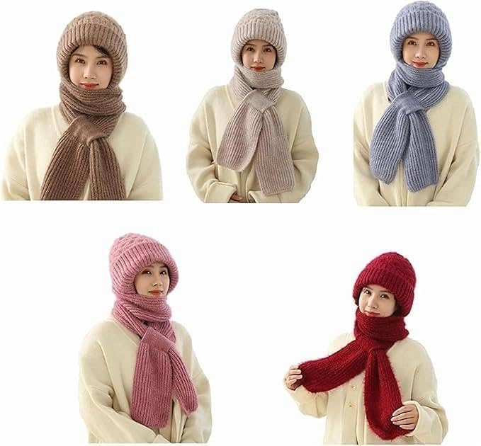 BANSHIK Women Balaclava Hood Scarf Hat Knitted Fleece Elastic Winter Integrated Ear Protection Windproof Cap Beanie Hat, Blue, Large (Pack-1 Multicolor) 2