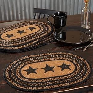 VHC Brands Farmhouse Primitive Jute Black Textured Kitchen Placemat Stencil Stars Set of 6 12×18