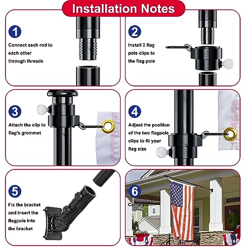 SCWN Flag Pole for Kit, 6FT Black Tangle Free Porch Metal Aluminum Flagpole with Upgraded Bracket for 3x5 American Flag, Black Adjustable Outdoor Flag Poles for Porch, Outside, Truck,Yard,Garden