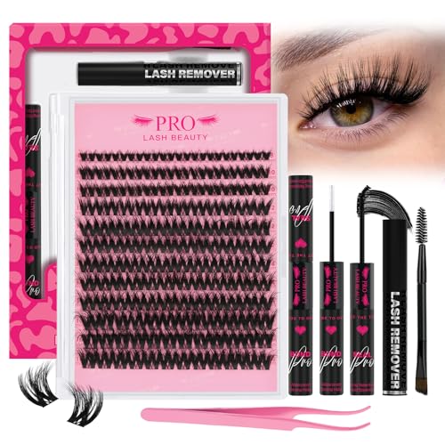 QUAFFLY DIY Lash Extension Kit 100D+150D Volume Lash Clusters with Spikes Lash Extension Kit Bottom Lashes Wispy Cluster Eyelash Extensions Kit with Lash Bond and Seal Tweezer Brush Easy To Apply