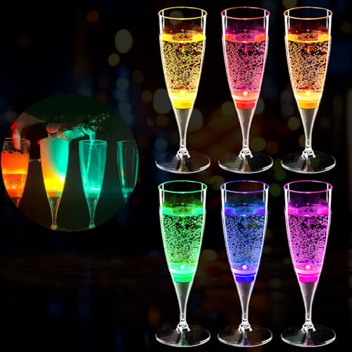HOMEYA LED Champagne Flutes (Set of 6 Multi-Color), Water Liquid Activated Light Up Cups Flashing Wine Glasses Blinking Cocktail Whisky Drinkware Glow Dark for Christmas Halloween Party Wedding Gifts