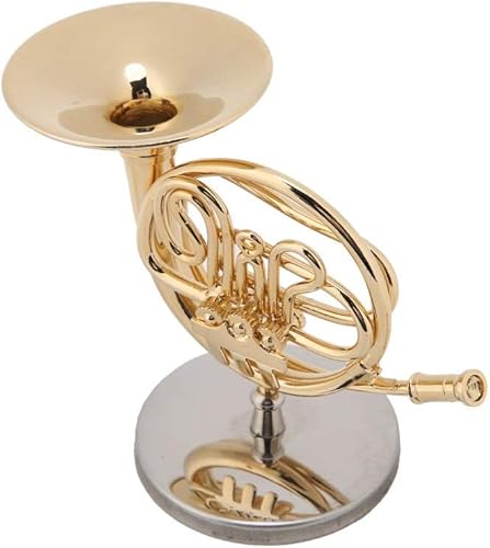Miniatura 7 de Walfront Mini instrumento musical de cuerno francés dorado de 4 pulgadas con soporte en miniatura, decoración de escritorio, instrumento musical,