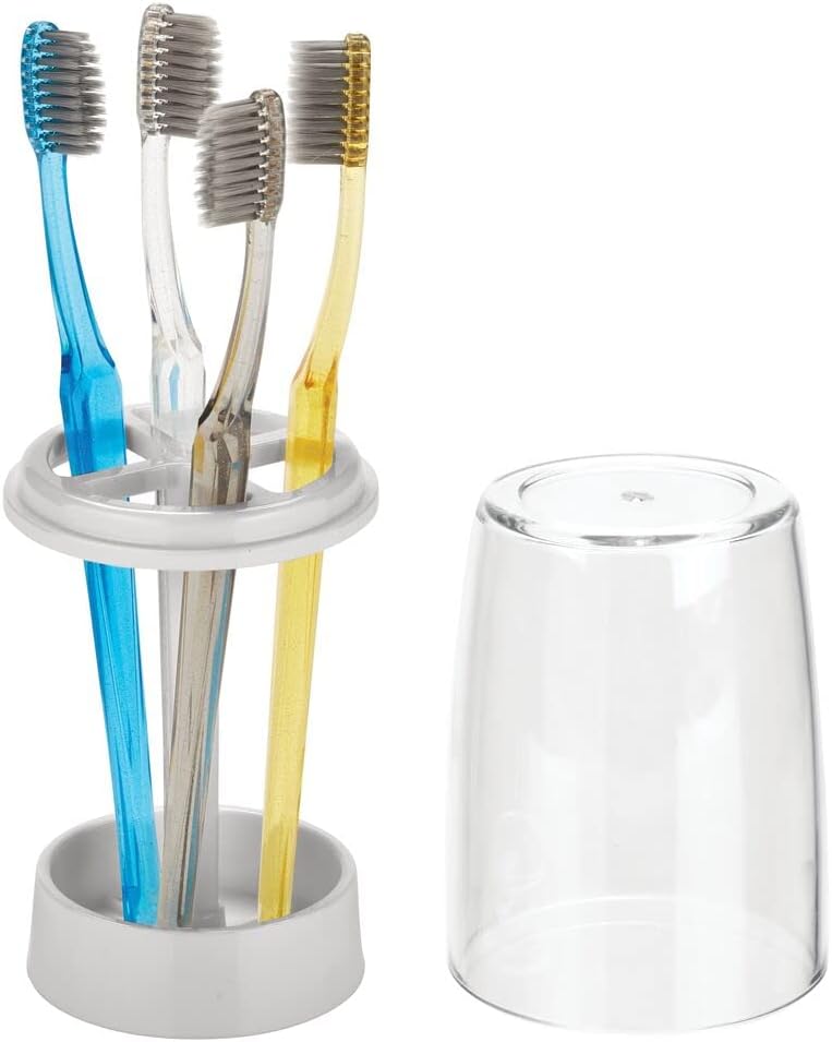 mDesign Compact Modern Plastic Bathroom Vanity Countertop Toothpaste & Toothbrush Holder Stand with Rinsing Cup/Cover - Light Gray/Clear
