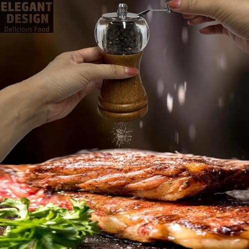Salt and Pepper Grinder Set, Acacia Wooden Pepper Grinder with Adjustable Coarseness, Refillable Ceramic Blade Grind,Gold Pepper Mill for Kitchen (Black-5in-1pcs) — view 5