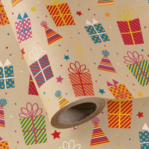 WRAPAHOLIC Kraft Birthday Wrapping Paper Roll - Mini Roll - 17 Inch x 9.8 Feet - Colorful Party Hats and Gifts Wrapping Paper Perfect for Birthday, Party, Baby Shower