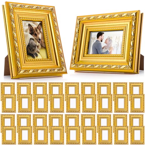 Image of 36 Pcs 2 x 3 Inch Small Gold Picture Frames Bulk Mini Vintage Antique Ornate Retro Baroque Photo Frames with Backboard for Wall Hanging Tabletop Home Decor Wedding Christmas Display