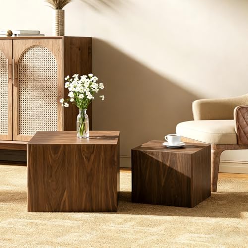 Modern Nesting Coffee Table Set of 2, Rustic Wood Coffee Square End Table, Cube Side Table for Living Room Apartment Small Space, No Assembly, Walnut