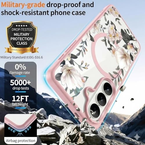 Image of VONZEE Compatible with Samsung Galaxy S26 5G Case Luxury Retro Flowers Floral Clear for Magnetic Wireless Charging Case Shockproof PC+TPU Cute Glossy Shiny Cover for Girls Women, Pink
