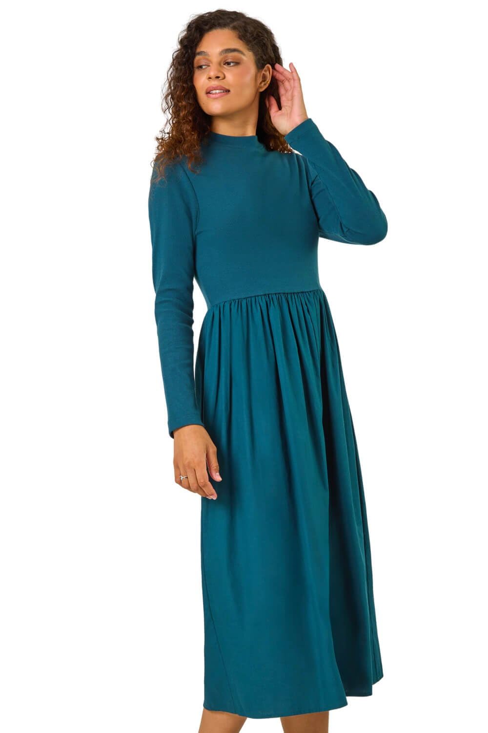 Roman Originals Women's Plain Dark Green Midi Dress With Pockets For Uk Stretchy Jersey Maxi Long 3/4 Length Sleeve Gathered High Waist Boho Flattering Skater Swing Fit Flare - Size 18
