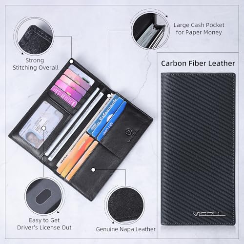 Image of VISOUL Leather Checkbook Cover Wallet for Men with RFID Blocking, Mens Long Bifold Cash Tall Wallet with 11 Credit Card Slots 1 ID Window (Black+Black)