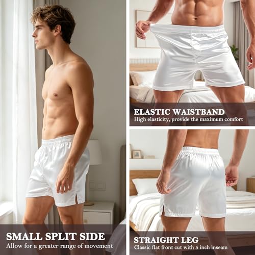 Image of AMY COULEE Mens Satin Boxer Shorts Silky Lightweight Pajama Bottoms Split Side Lounge Sleep Shorts