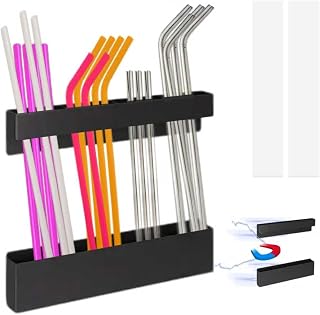 Magnetic Straw Holder for Cabinet Door, Metal Straw Organizer for Yeti/Stanley Cup, Reusable Straws Storage with Adhesive Mounting - Holds 30+ Straws & Saves Space (2 Ways of Installation)