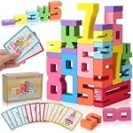 20 Pcs Wooden Number Blocks, Wooden Building Blocks with 15 Pcs Instruction Card, 1-10 Balance Number Block Toys for Kids Age 3+ Numbers Learning