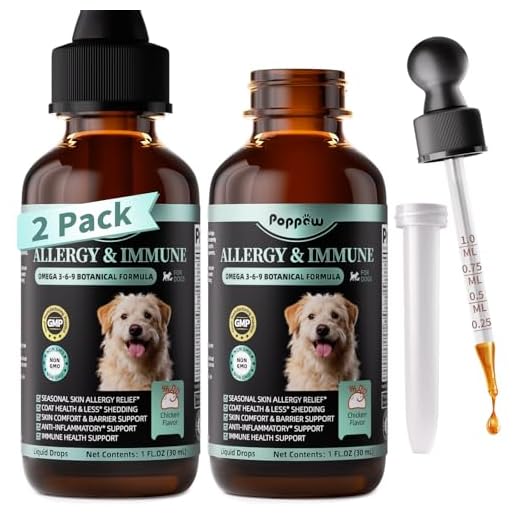 POPPAW Dog Allergy Relief Liquid Drops - Omega 3 6 9 Fish Oil for Dogs - Immune Support for Seasonal Sensitivities, Less Shedding & Dog Itching Skin Relief - Chicken Flavor, 2 Fl Oz