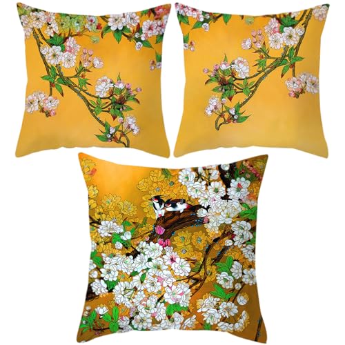 FOSDICK 3 PCS Housse Coussin 45x45, Housse de Coussin Fleur Oiseau Housses de Coussin avec Fermeture éClair pour Canapé Maison Jardin Décoration, Jaune