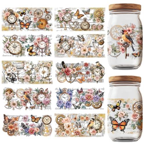 GOMAKERER 10 hojas pegatinas de transferencia UV DTF para taza, pegatinas para frotar recuerdos de París reloj flor PVC impermeable de taza transferencia para botellas de bebidas mermeladas tartas