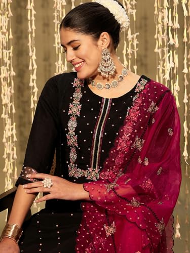 Image of INDO ERA Women's Cotton Blend Embroidered Straight Kurta & Pant with Dupatta Set