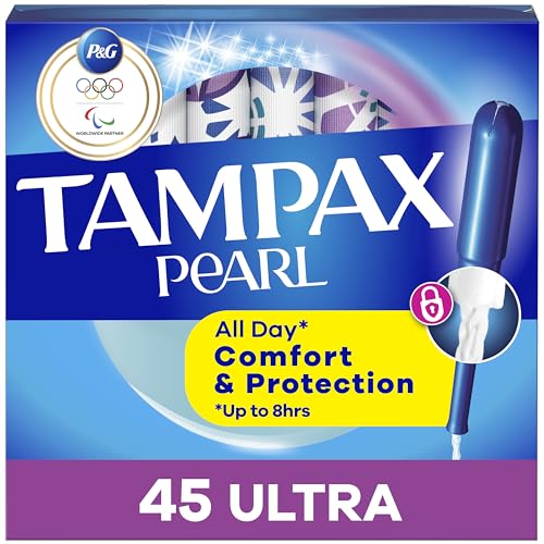 Tampax Pearl Tampons for Women, with LeakGuard Braid, Ultra Absorbency, Unscented, 45 Count