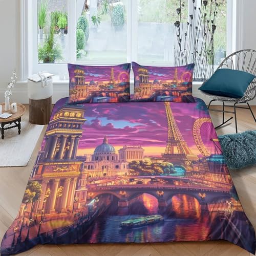 Torre Eiffel Bedding Set, Juego De Sábanas De Cama Microfibra Suave, Edredón Y Fundas De Almohada, Ropa De Cama para Niños Y Niñas, Duvet Cover Set Fácil De Cuidar King（220x240cm）