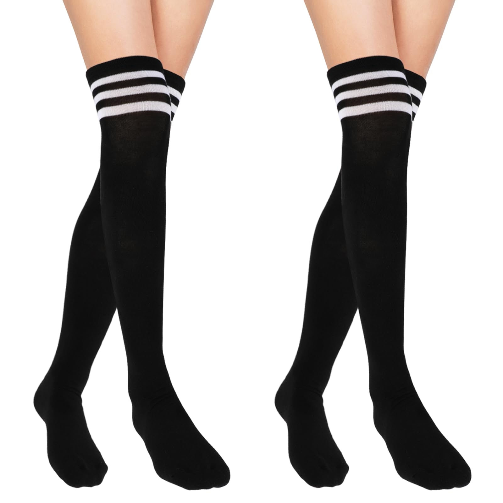 Sibba 2 pares de calcetines altos hasta la rodilla, a rayas negras, calcetines altos hasta el muslo para mujeres y niñas, calcetines largos por encima de la rodilla, calcetines largos para uso diario,