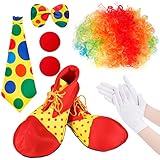 Kunandroc Clown Kostüm Damen Herren, Clown Perücke Nase Fliege Krawatte Clownschuhe Handschuhe, Karneval Halloween Kostüm Zubehör Party Cosplay Verkleidung( Set 1)