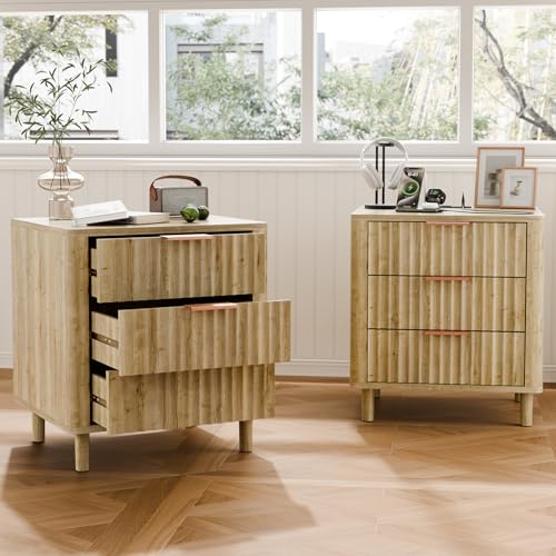 Fluted Nightstand Set of 2, Multifunctional 3 Drawers Storage Bedside