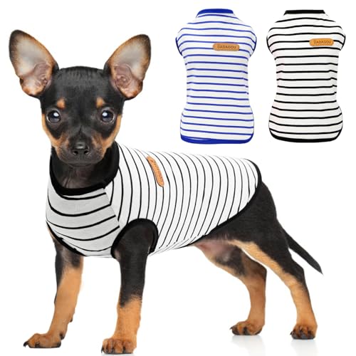 Dog Striped Shirts for Extra Small Dogs 2 Pack, XS Dog Sleeveless Striped Vests Dog Pullover T-Shirts Lightweight Puppy Kitten Tank Top Cat Tee for Chihuahua, Blueblack-XS