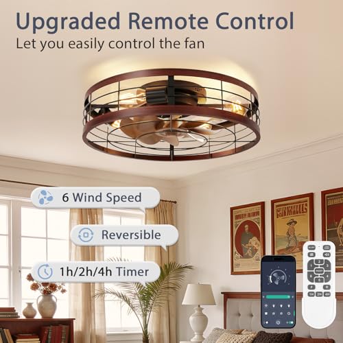 Image of VOLISUN Farmhouse Caged Ceiling Fans with Lights Flush Mount, 19.7'' Rustic Low Profile Ceiling Fan with Light and Remote, Bladeless Fandelier Ceiling Fans with Lights for Kitchen, Bedroom(Wood)